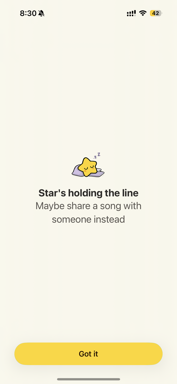 Block screen with Star asleep: Star's holding the line. Maybe share a song with someone instead.