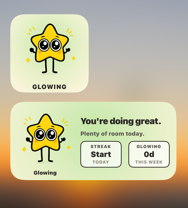 Screen Star widgets on the Home Screen. Small widget: Glowing. Medium widget: You're doing great. Plenty of room today. Streak: start today. Glowing: 0 days this week.